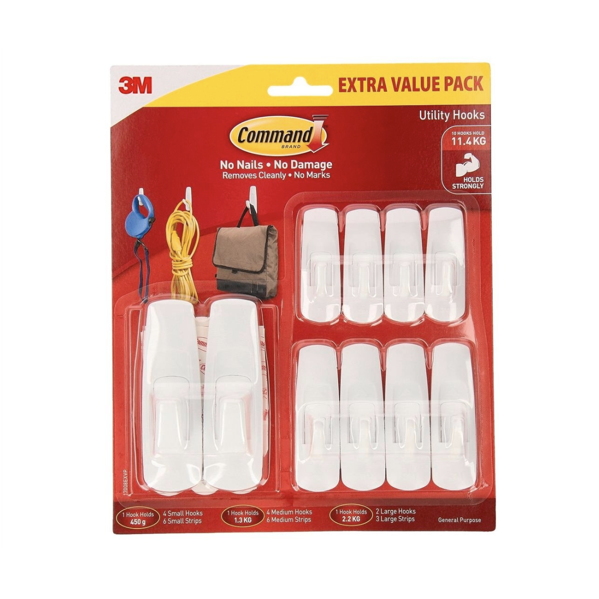 Command™ White Adhesive Mixed Hooks Value Pack - 10 Pack 3M Command White Adhesive Mixed Hooks Value Pack 10 Pack Damage Free Holds Up to 2.2kg Suits Painted Walls Tile Wood Glass
