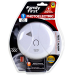Family First photoelectric smoke alarm with test button and 9V battery for Australian homes