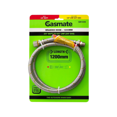 Gasmate 1200mm stainless steel braided gas hose 3/8 BSPT to 5/8 UNF BBQ connection