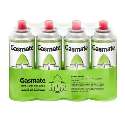 Gasmate 220g butane gas cartridges 4 pack rim vent safety camping fuel canisters
