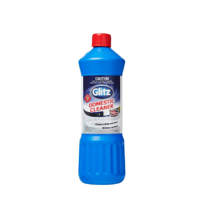 Glitz 1.25L Blue Domestic Cleaner HDPE Bottle Antibacterial Phosphate Free Kills Germs Removes Mould and Odours for Toilets Showers Kitchens and Patios