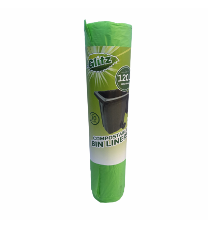 Glitz Green 120L Compostable Wheelie Bin Liner 10 Pack 147x110cm 100% Compostable Strong Leak Resistant for Wheelie Bins