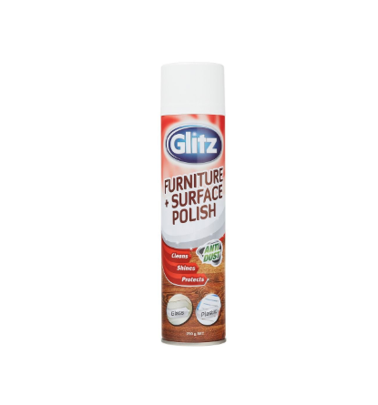 Glitz 250g Furniture and Surface Polish Silver Aerosol Can Natural Wax Formula Cleans and Shines Sealed Wood Cupboards Plastic and Glass
