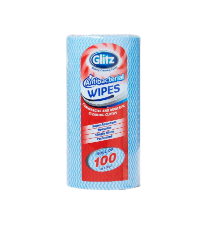 Glitz Antibacterial Wipes Roll 100 Pack Blue White Reusable Super Absorbent Perforated Polyester Polyamide Cleaning Wipes