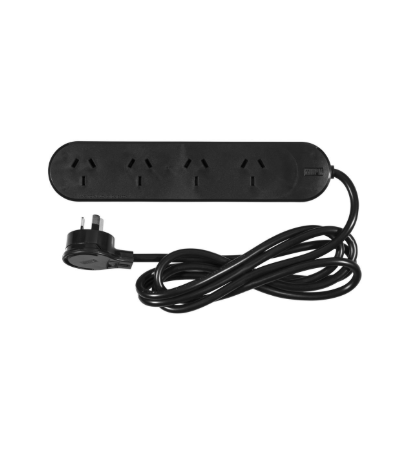 HPM 4 outlet black powerboard 1.8m lead overload protection wall mount general purpose Australia use