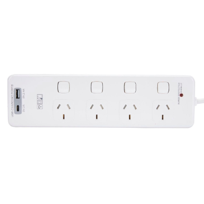 HPM 4 outlet surge powerboard USB-A USB-C charging 525J white Australia