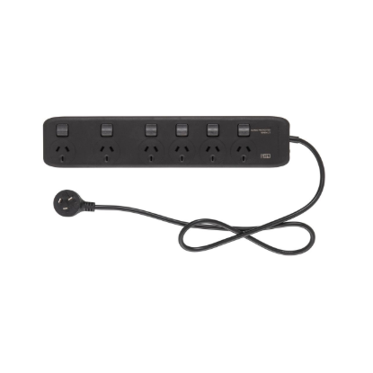 HPM 6 outlet switched surge protected powerboard 175J black individual switches 0.9m lead Australia
