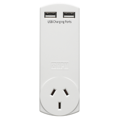 HPM D2USB white wall adaptor with dual 2.1A USB ports, 10A AC outlet and 150J surge protection