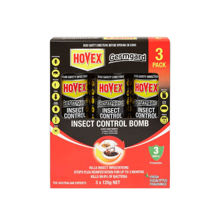 Hovex 125g Germgard insecticide bomb 3 pack kills cockroaches fleas spiders silverfish moths carpet beetles ants 3 months protection Australia