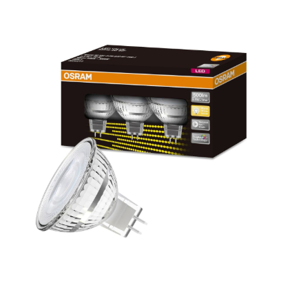 Osram MR16 12V 5.5W warm white LED downlight globes 3 pack, 500lm 3000K full glass design