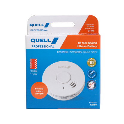 Quell Q1400 White Photoelectric Smoke Alarm with 10-Year Sealed Duracell Battery AS3786 Certified for Home and Commercial Use