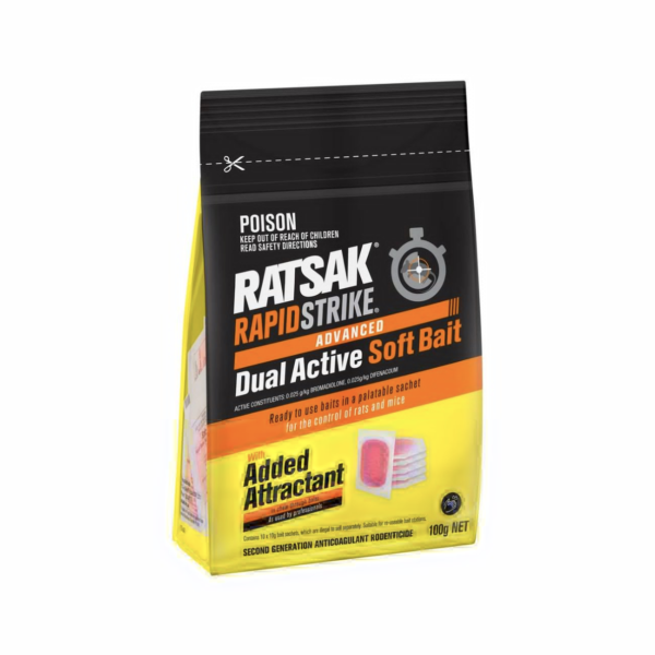 RATSAK 100g Rapid Strike Dual Active Soft Bait FLUO-NP Technology Kills Rats Mice 3-7 Days Indoor Outdoor 56506