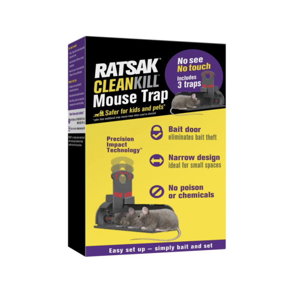 RATSAK Clean Kill Mouse Trap 3 Pack Precision Impact Technology No-See No-Touch Disposal Safer for Kids Pets Indoor Outdoor 56518