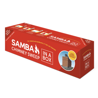 Samba Chimney Sweep Log in brown wax and sawdust composition for creosote removal and chimney fire prevention