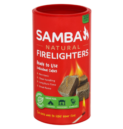 Samba natural firelighters 100 pack wood and wax cubes in storage canister