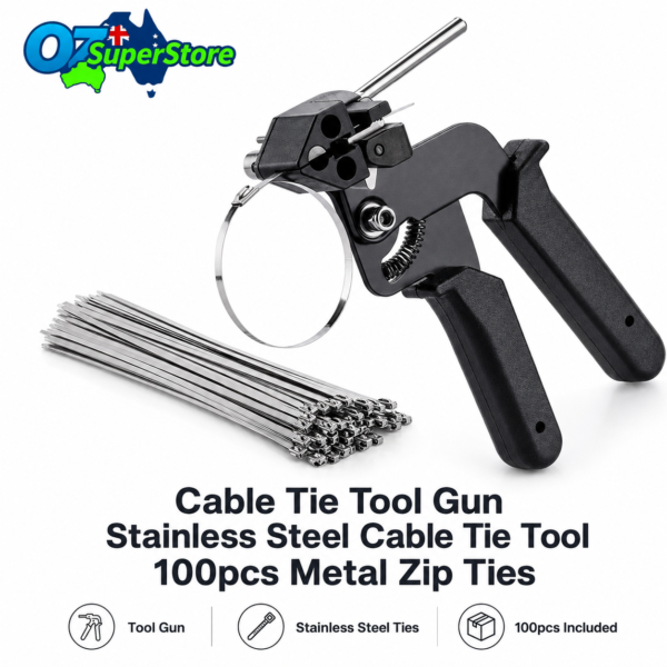 Stainless steel cable tie gun with metal zip ties available as separate variations